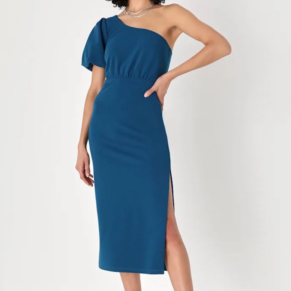 Lulus Ultimate Poise Teal Blue One-Shoulder Midi Dress with‎ Balloon Sleeve